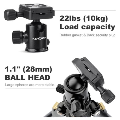 Lightweight Travel Tripod Camera Tripod 63.8''/162cm 10kg/22lbs Load Capacity 360° Panorama Ball Head for Canon Sony Nikon SLR DSLR B234A1+BH-28