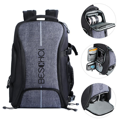 Camera Backpack, Beschoi Waterproof Camera Bag Fits 15 Inch Laptop 26L with Tripod Strap and Rain Cover for DSLR/SLR Camera, Speedlite Flash, Camera Tripod, Laptops, Lens