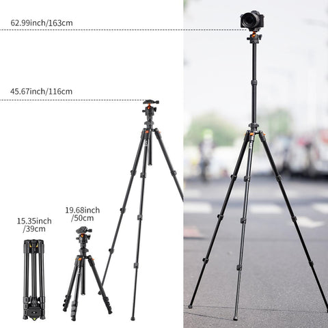 64"/1.6m Lightweight Aluminum Travel Tripod Compact Vlog Camera Tripod Flexible & Portable 17.6lbs/8kg Load with Portable, for DSLR Cameras K234A0+BH-28L