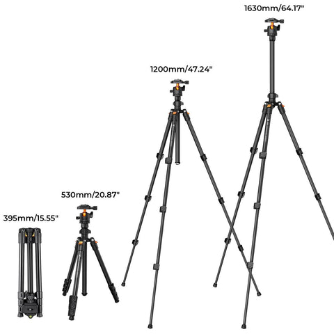 64"/1.6m Lightweight Aluminum Travel Tripod Compact Vlog Camera Tripod Flexible & Portable 17.6lbs/8kg Load with Portable, for DSLR Cameras K234A0+BH-28L
