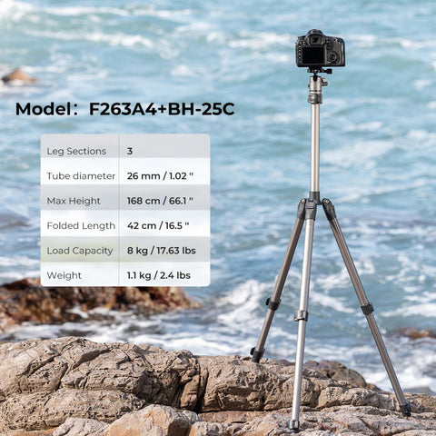 66 "/168cm Camera Tripod,Lightweight and Compact Aluminum Super Portable DSLR Tripod,8KG/17.6 lbs Load Capacity CNC Ball Head,Quick Release Plate for Travel and Work F263A4
