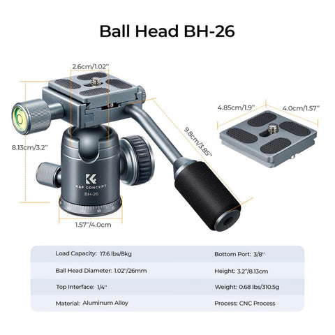 26mm Metal Tripod Ball Head with Handle 360 Degree Rotating Panoramic with 1/4 inch Quick Release Plate Bubble Level for Monopod Camera Camcorder Load Capacity up to 17.6 lbs/8KG Gray