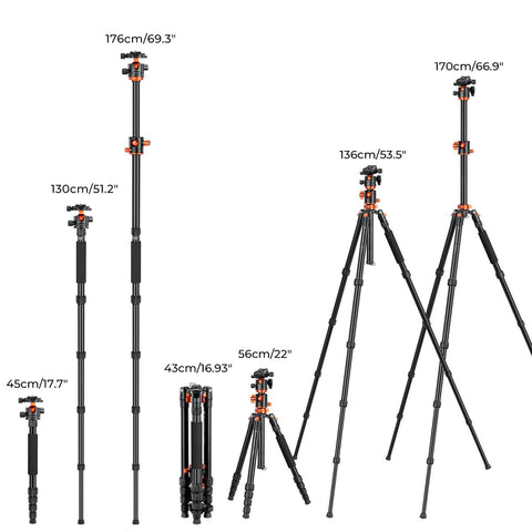 67”/1.7m Aluminum Video Camera Tripod Transverse Center Column 35lbs/16KG Load Capacity Portable Monopod with 36mm Ball Head Quick Release Plate, for Travel and Work T255A4+BH-36L