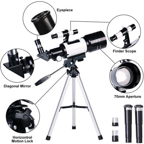 Astronomical telescope suitable for children and beginners, astronomical refracting telescope with 70mm aperture and 300mm focal length, portable travel telescope with tripod, smartphone holder and Bluetooth remote control