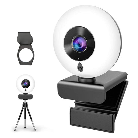 Auto Focus Webcam with Ring Light Tripod Microphone Adjustable Brightness,USB Computer Webcam for PC Video Conference/Call/Teaching/Game,Laptop