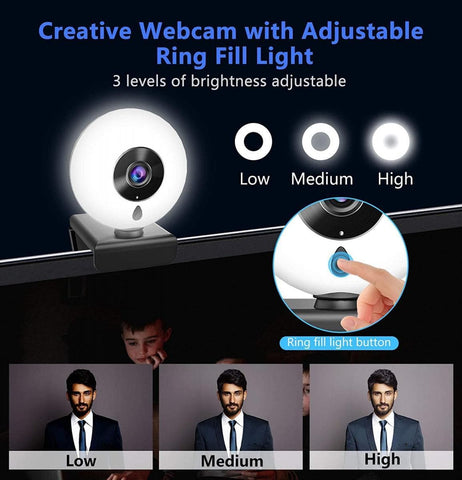 Auto Focus Webcam with Ring Light & Tripod & Microphone Adjustable Brightness,USB Computer Webcam for PC Video Conference/Call/Teaching/Game,Laptop