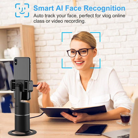 360° face tracking phone holder, no APP, fast face tracking, desktop tripod for selfie Vlog real-time video, YouTube TIk Tok, iPhone and Android universal holder, indoor and outdoor use time is 6-8 hours
